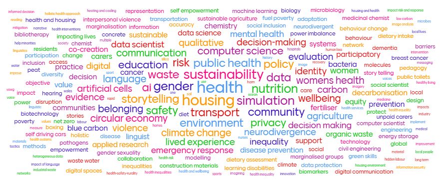 Word cloud of the research interests of the 2026 cohort. Highlights include: health, housing, sustainability, storytelling, gender, and simulation.